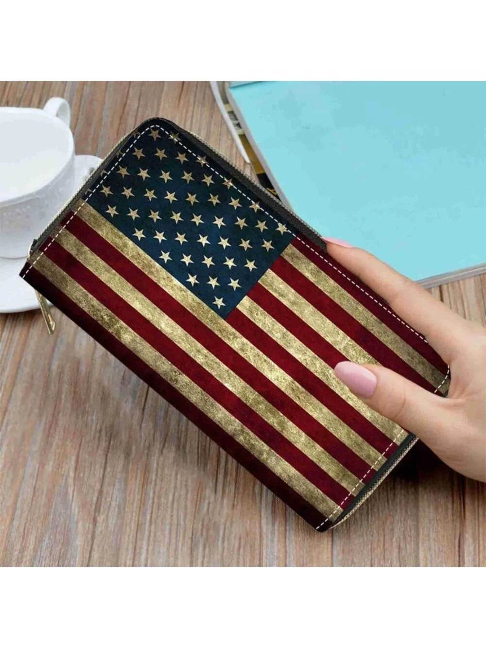 Vintage American Flag Print Large Capacity Wallet - PU Leather Zipper Clutch